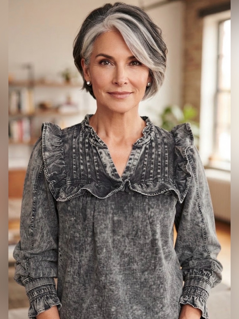 Sea New York Washed Black Ruffle Yoke Blouse
